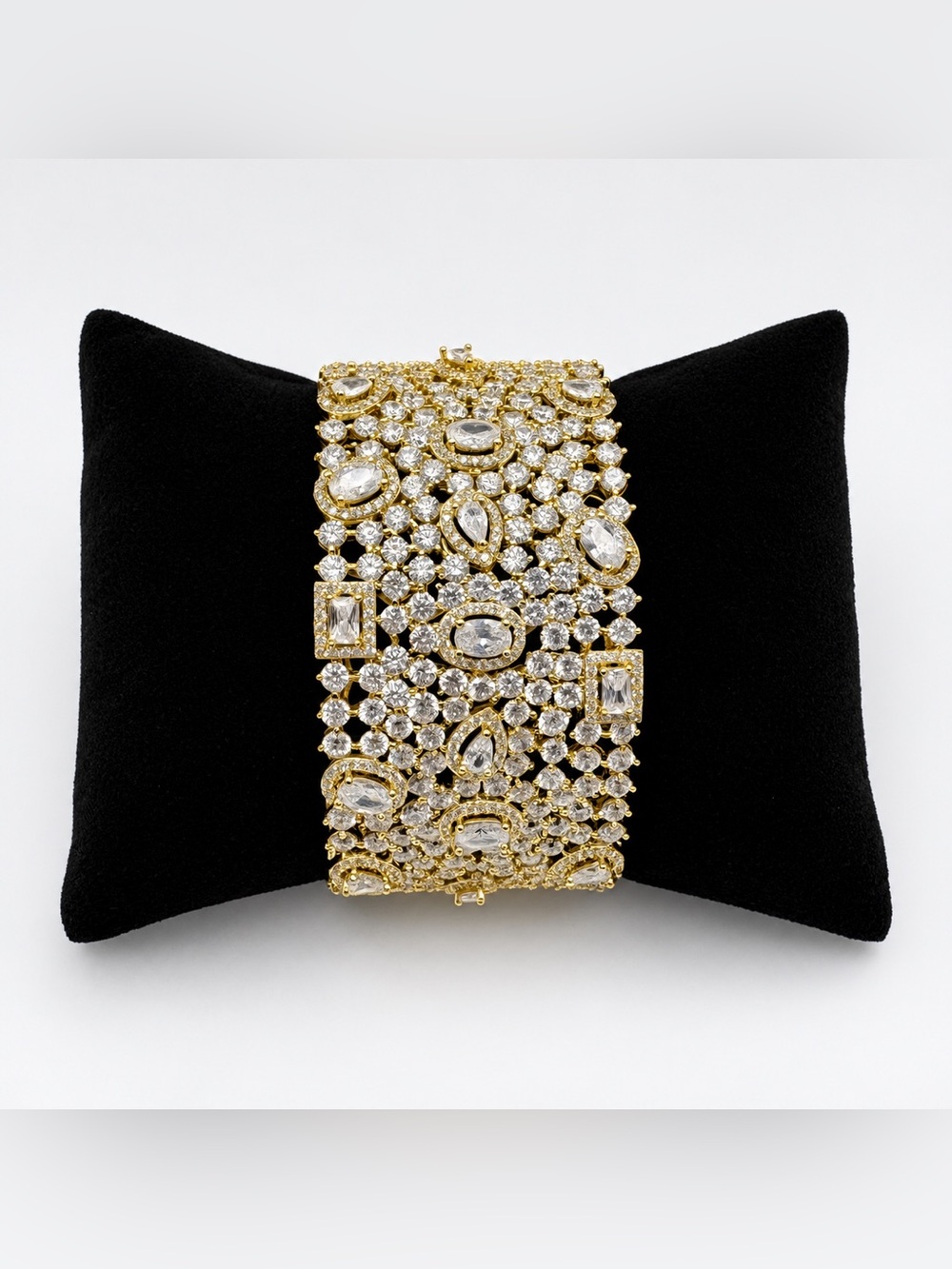 New Freida Rothman Vault Gold-Plated CZ Broad Statement Hinged Cuff Bracelet